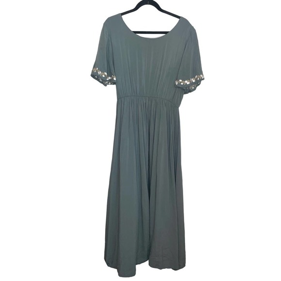 Wren & Ivory Sage Green Floral Embroidered Wrap Short Sleeve Maxi Dress Sz Large - Picture 2 of 11